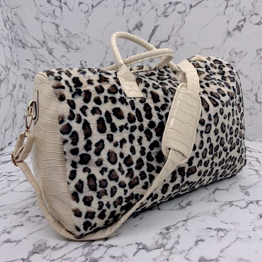 Men's Fashion Cream | Animal Print Faux Fur Large Duffle Bag NWT